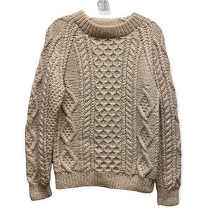 Vintage Hand Knit Shetland Wool Chunky Cable Knit Pullover Sweater Ivory Medium